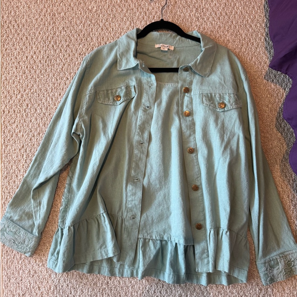 Simply Noelle Sea Green Women's Linen Jacket with Lace and ruffles.